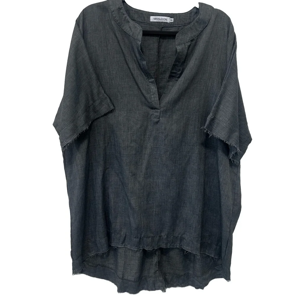 Mislook Gray Oversized Cotton Blend Short Sleeve Tunic Raw High Low Hem XL